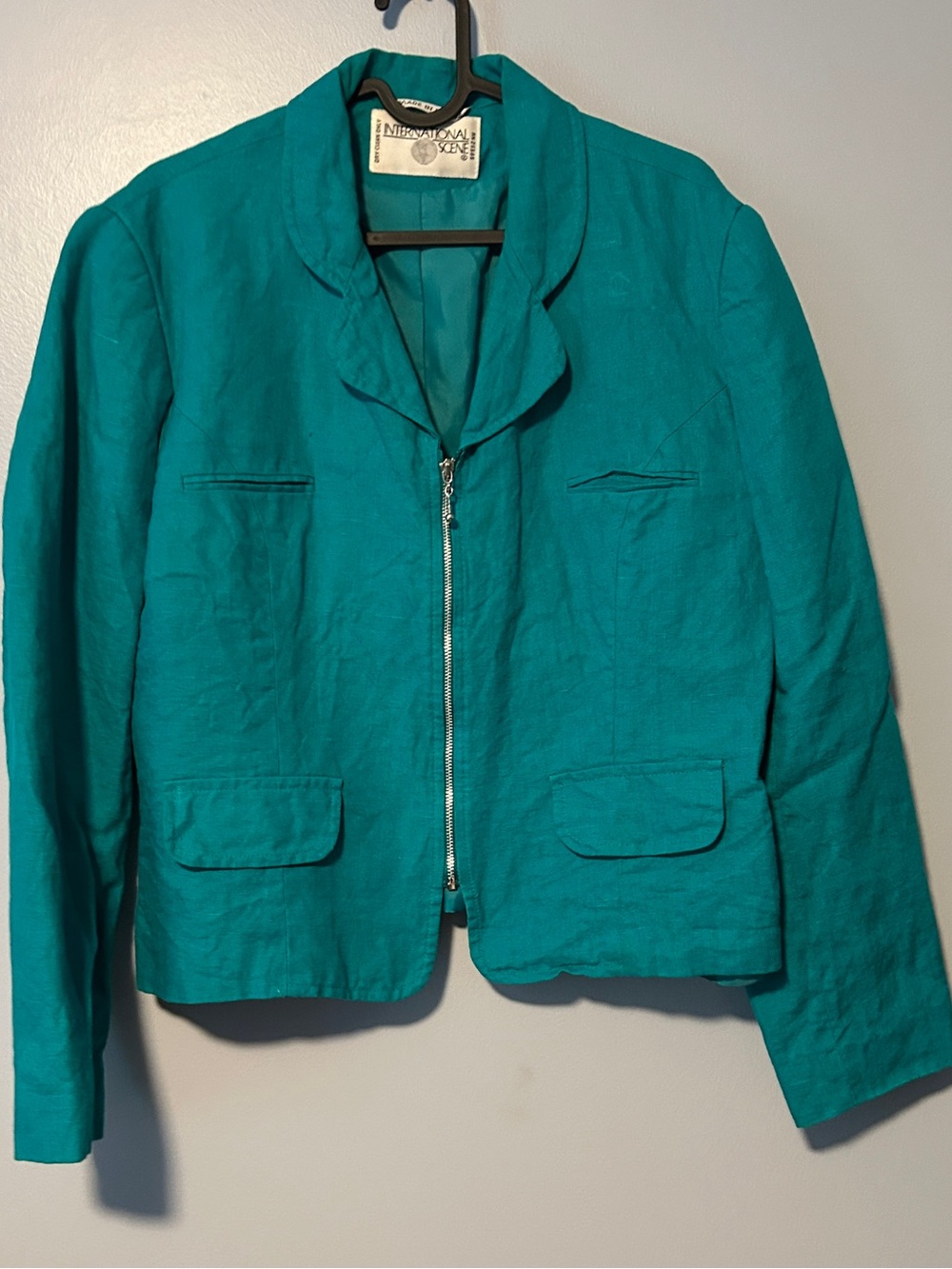 Women's Teal Zip-Front Blazer Jacket - Vintage Linen Like Feel 12